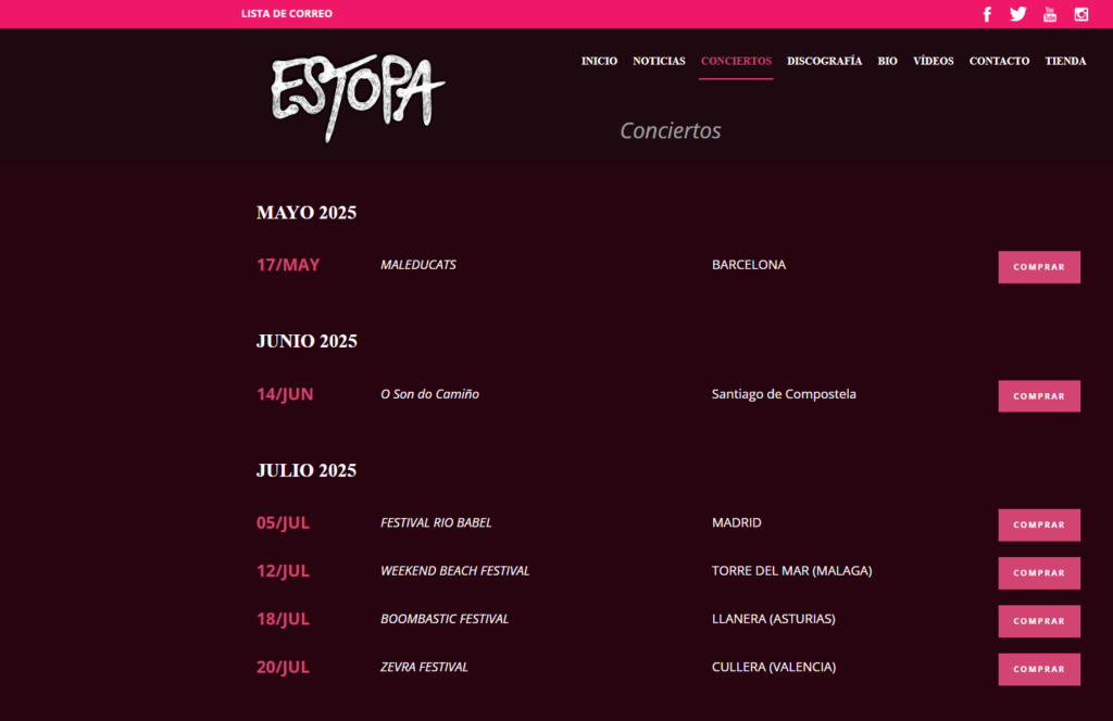 Captura de pantalla de la pàgina oficial d'Estopa on surten les dates i llocs dels concerts d'Estopa en directe