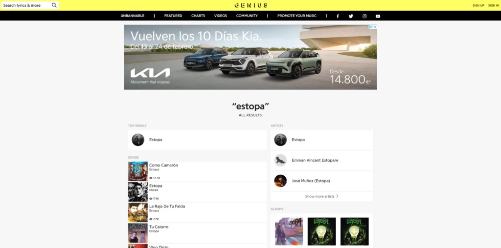 Pàgina web de Genius amb lletrs de la música d'Estopa