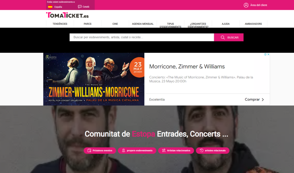 captura de pantalla de la web de Tomaticket on surten els concerts d'Estopa en directe