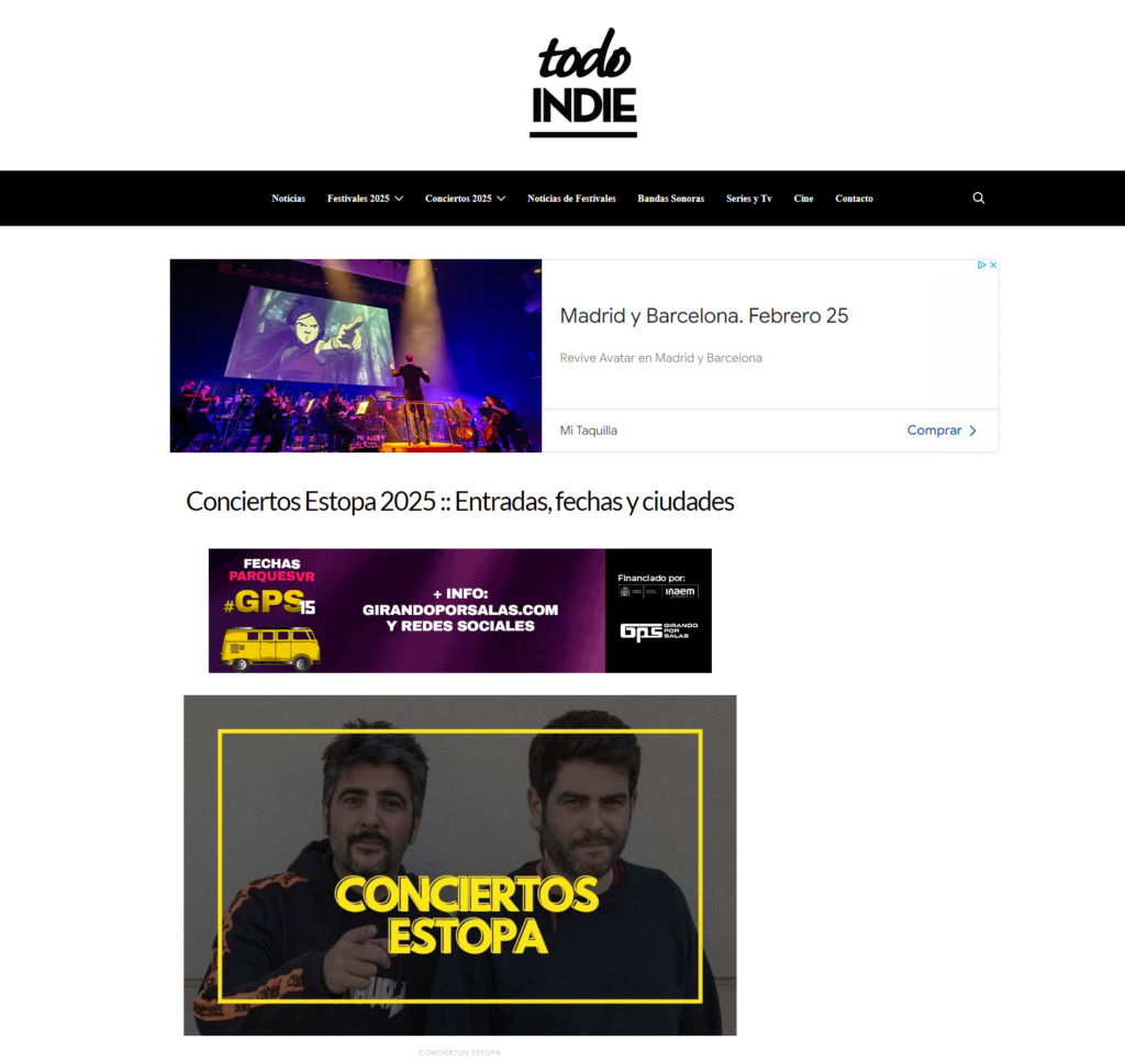 captura de pantalla de la web de todo Indie on surten les dates d'Estopa en directe